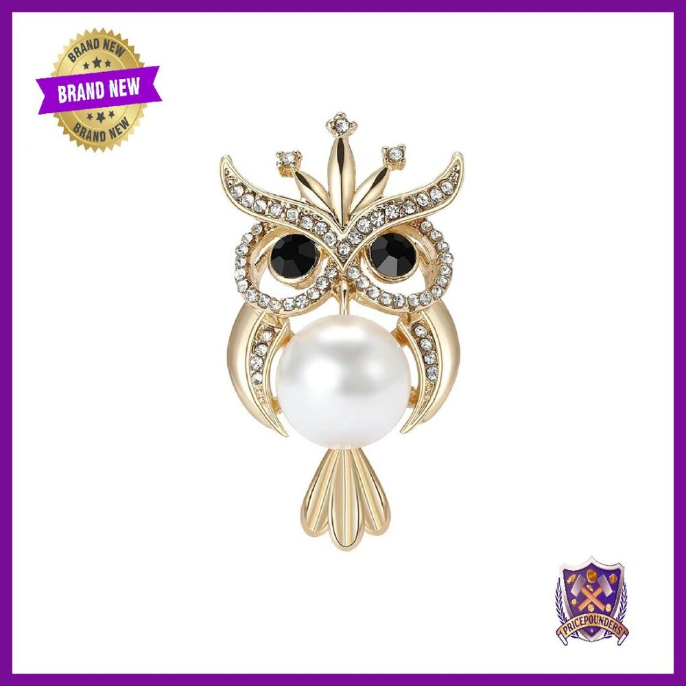 Gold Pearl Rhinestone Owl Brooch Pin Gift For Women 1.5 Inch